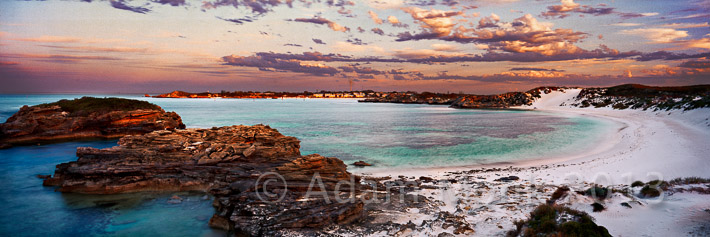 Panoramic photographic Image of Parakeet Bay at sunset.  Rottnest Island, off the coast from the Port City of Fremantle, Western Australia